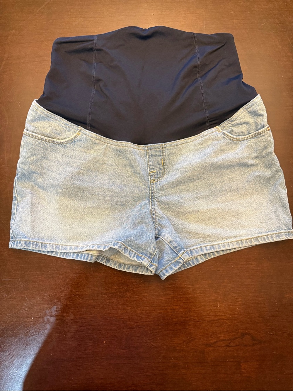 Light Wash Denim Maternity Shorts with Black Stretch Waistband